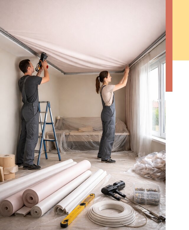 Монтаж цветного натяжного потолка в Бузулуке от 4378 руб/м² — быстро и недорого | ОТДЕЛОЧНИК-Бзл