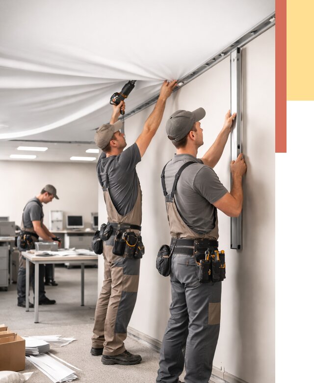 Монтаж натяжного потолка в офисе в Бузулуке от 469 руб/м² — быстро и недорого | ОТДЕЛОЧНИК-Бзл